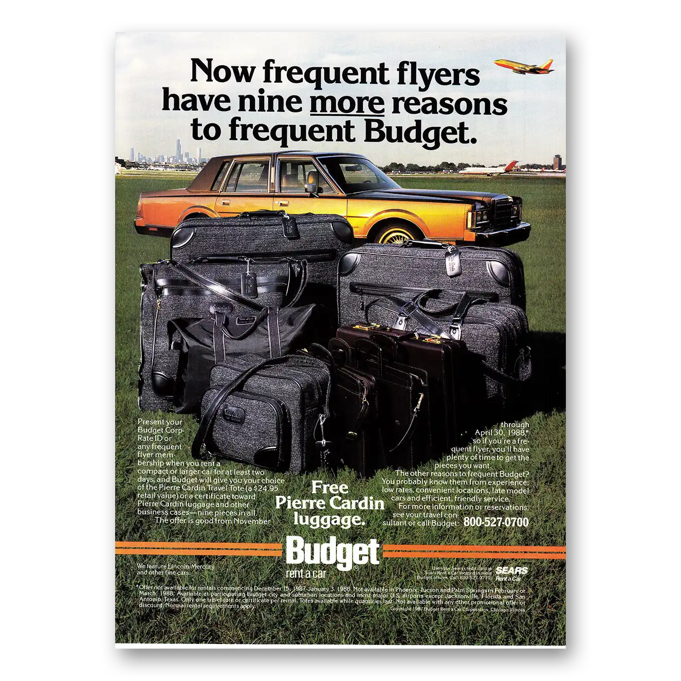 1987 Budget Rent-a-Car Frequent Flyers Chicago Skyline Vintage Magazine Print Ad