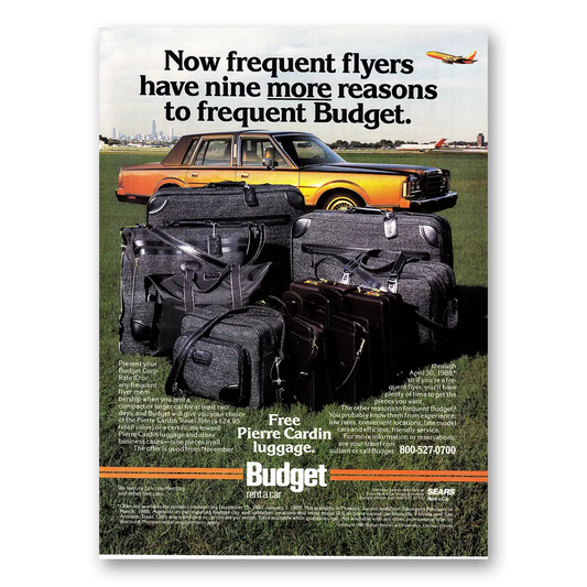 1987 Budget Rent-a-Car Frequent Flyers Chicago Skyline Vintage Magazine Print Ad