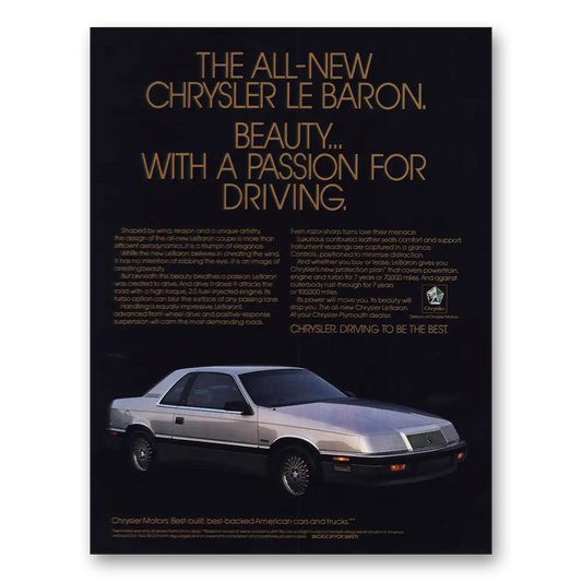 1987 Chrysler LeBaron Beauty Passion for Driving Vintage Magazine Print Ad