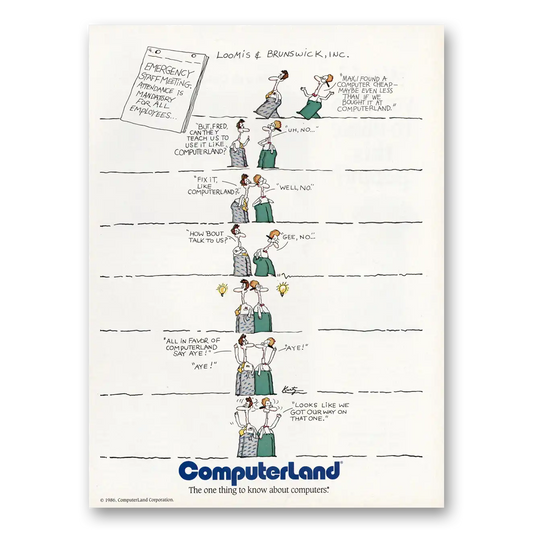 1987 Computerland Emergency Staff Meeting Vintage Magazine Print Ad