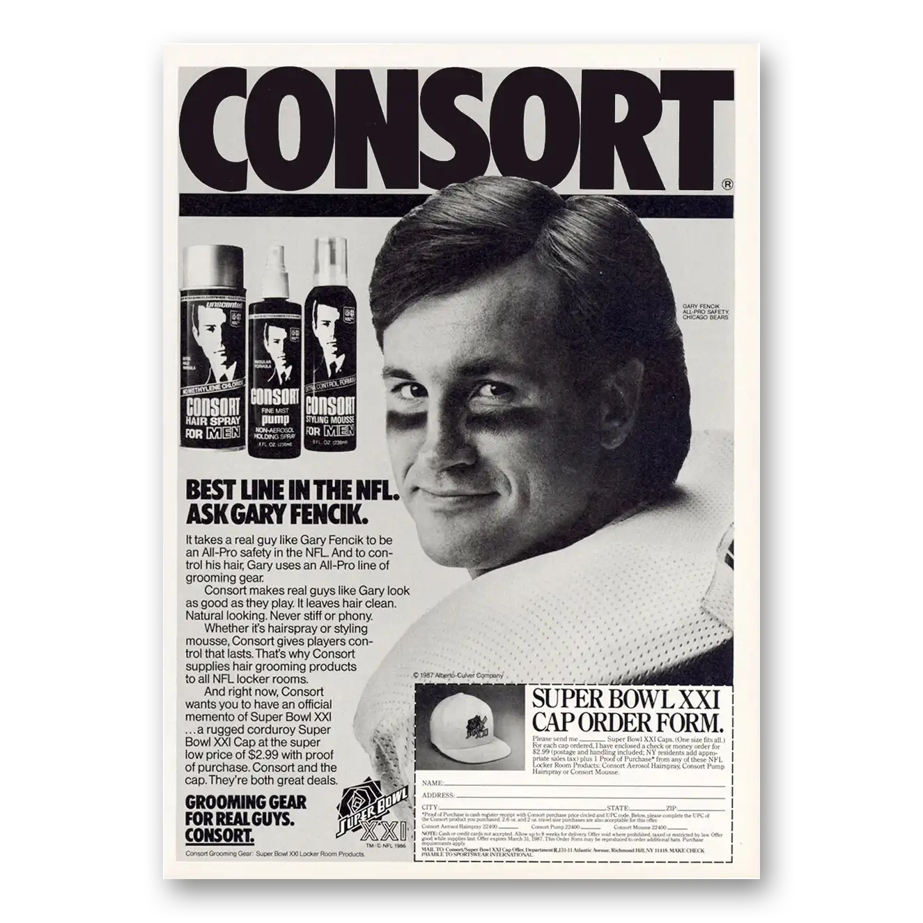 1987 Consort Grooming Gear Best Line In NFL Gary Fencik Vintage Magazine Print Ad