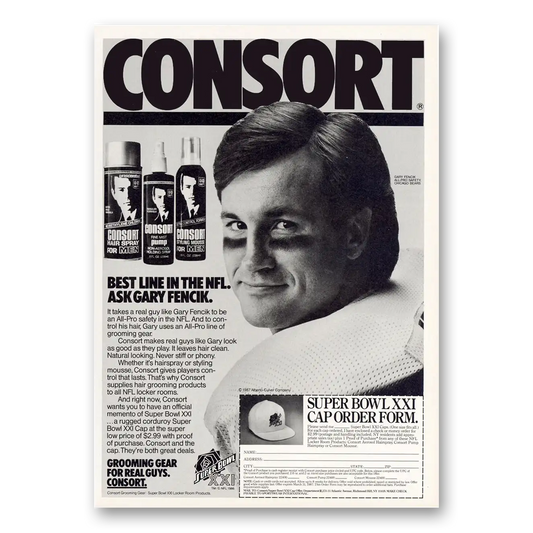 1987 Consort Grooming Gear Best Line In NFL Gary Fencik Vintage Magazine Print Ad