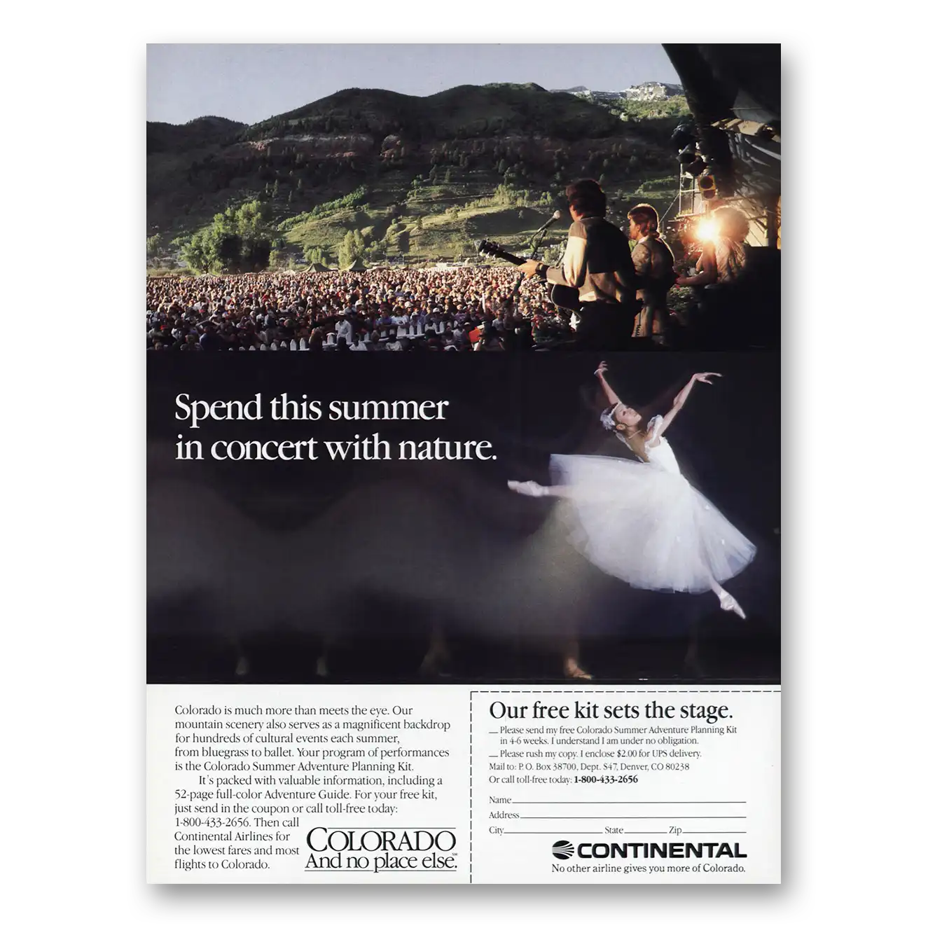 1987 Continental Airlines Spend This Summer In Concert With Nature Vintage Magazine Print Ad