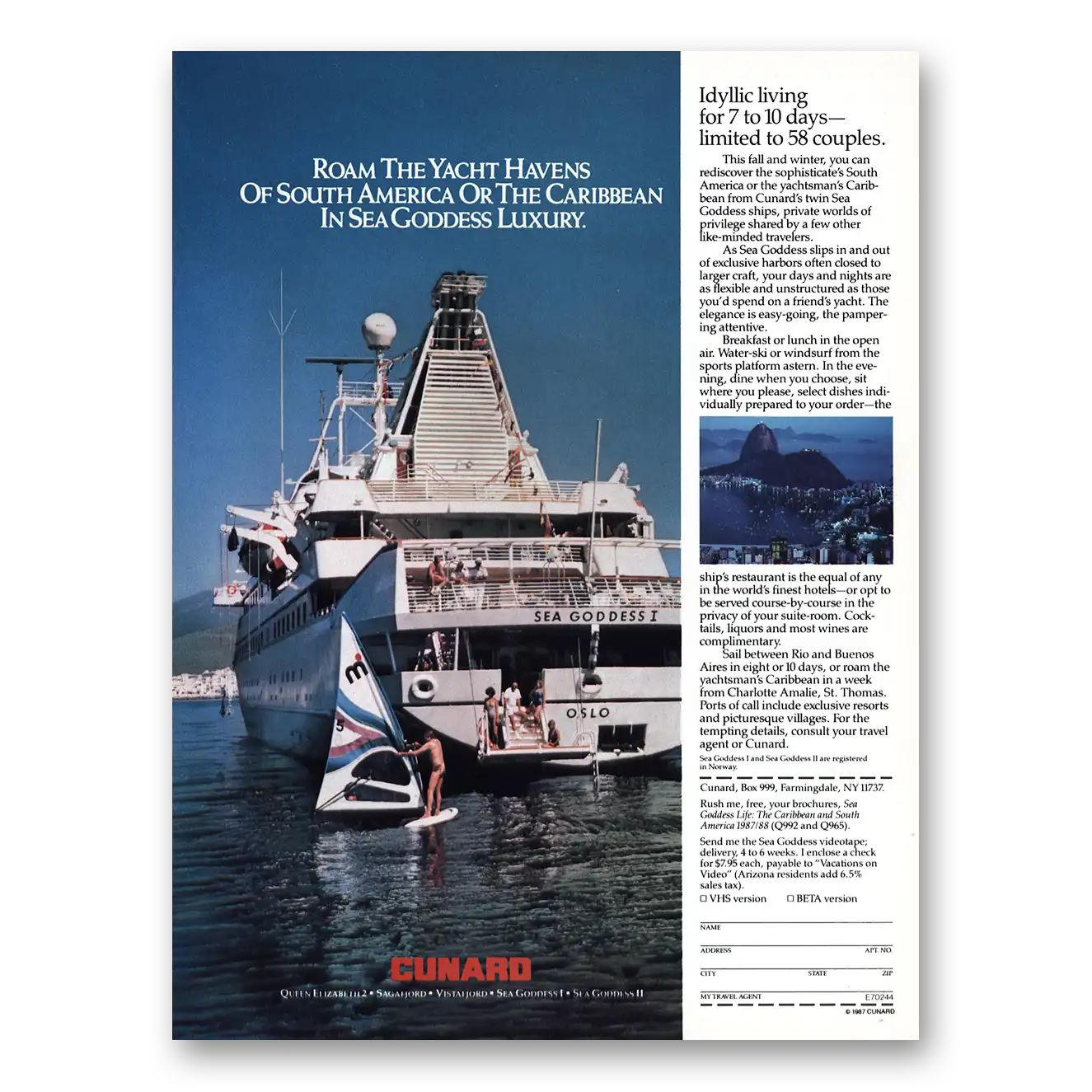 1987 Cunard Roam the Yacht Havens Vintage Magazine Print Ad