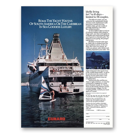 1987 Cunard Roam the Yacht Havens Vintage Magazine Print Ad