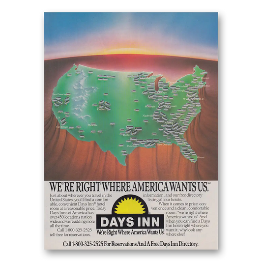 1987 Days Inn Right Where America Wants Us Vintage Magazine Print Ad