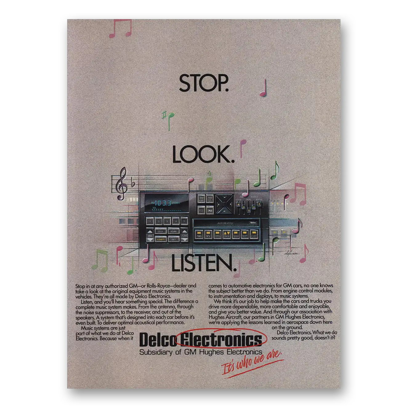 1987 Delco Auto Radio Stop Look Listen Vintage Magazine Print Ad