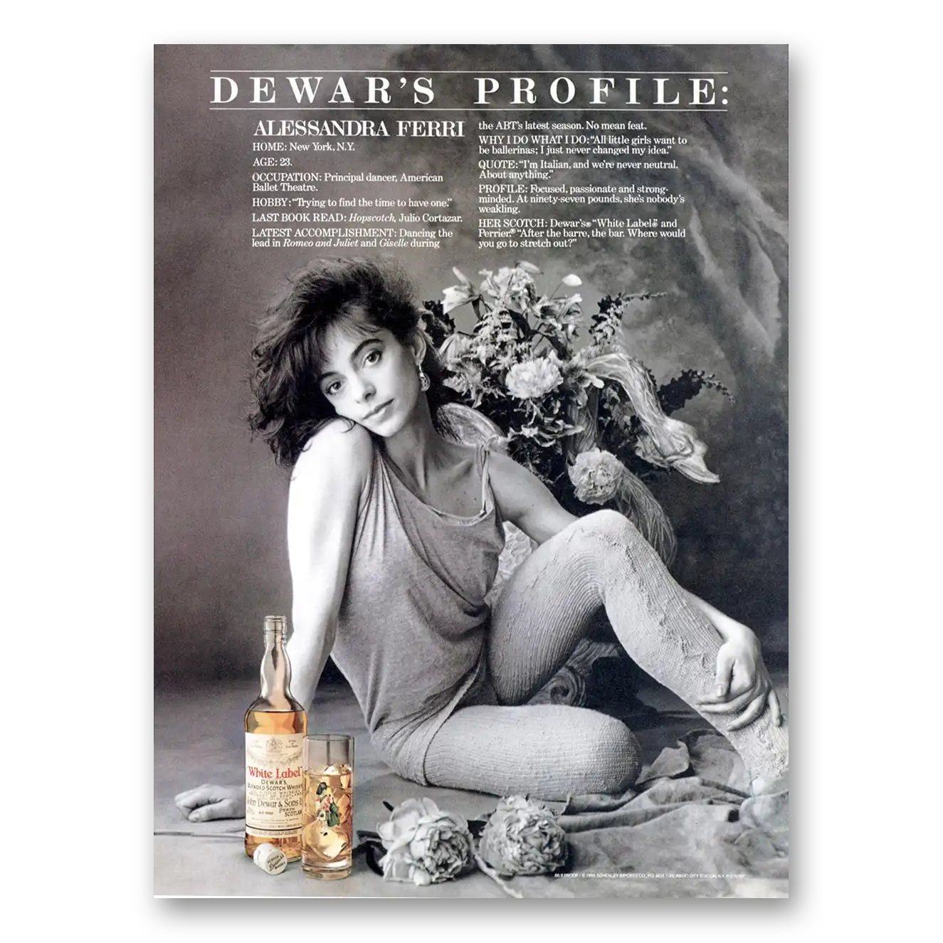 1987 Dewars White Label Alessandra Ferri Vintage Magazine Print Ad