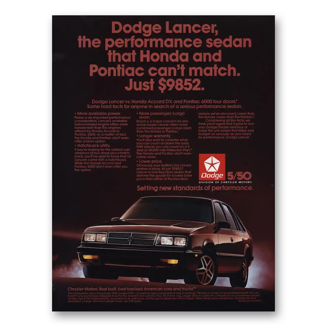 1987 Dodge Lancer Honda and Pontiac Cant Match Vintage Magazine Print Ad