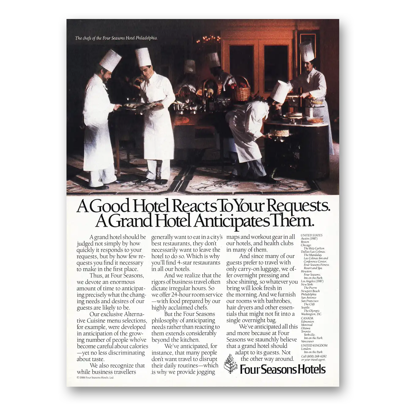 1987 Four Seasons Hotel Good Hotel Reacts to Requests Vintage Magazine Print Ad