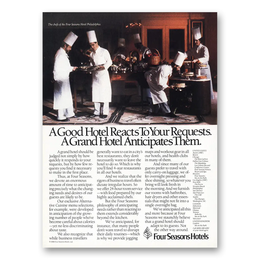 1987 Four Seasons Hotel Good Hotel Reacts to Requests Vintage Magazine Print Ad