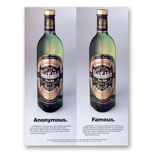 1987 Glenfiddich Anonymous Famous Vintage Magazine Print Ad