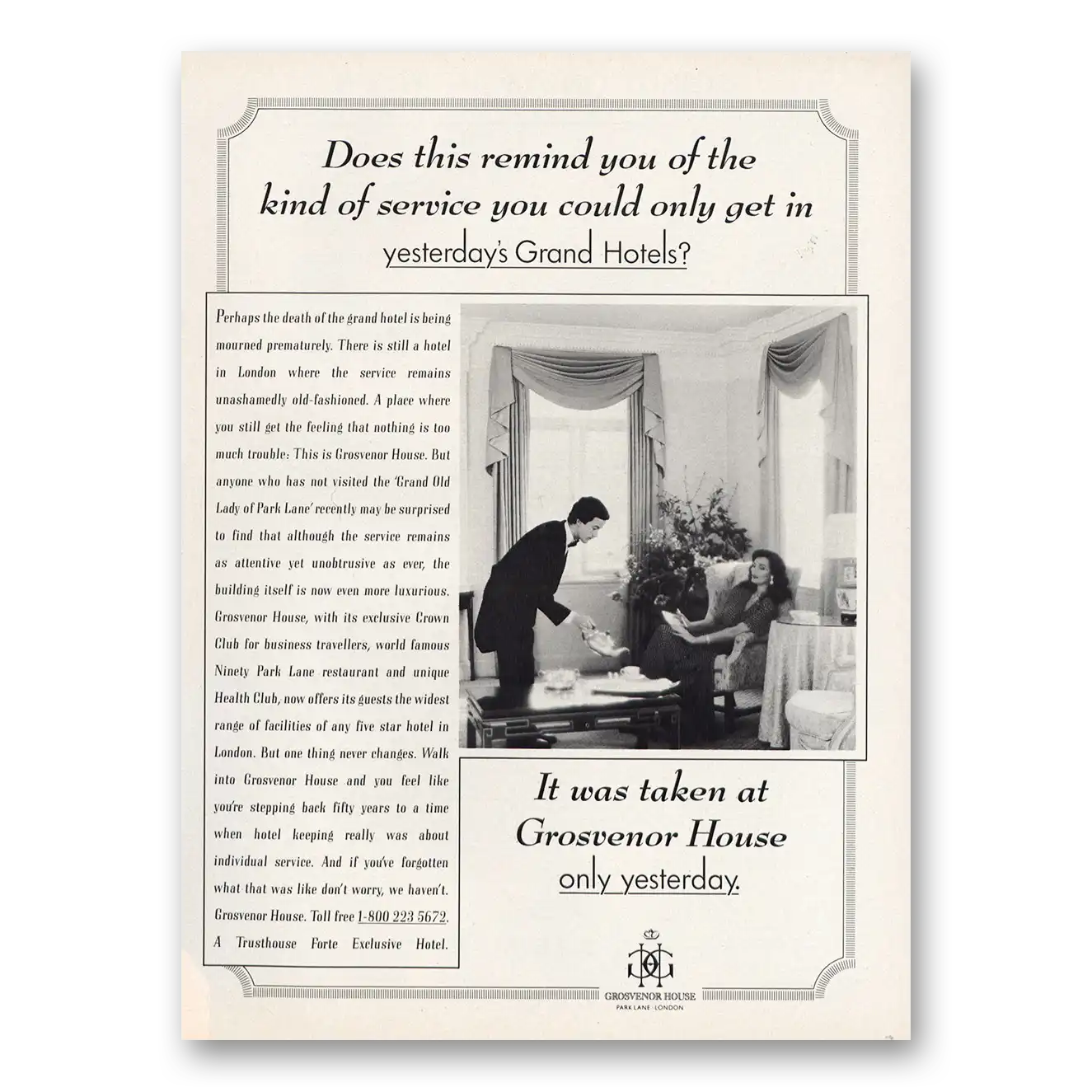 1987 Grosvenor House Yesterdays Grand Hotels Vintage Magazine Print Ad