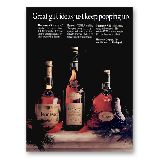 1987 Hennessy Cognac Great Gift Ideas Just Keep Popping Up Vintage Magazine Print Ad