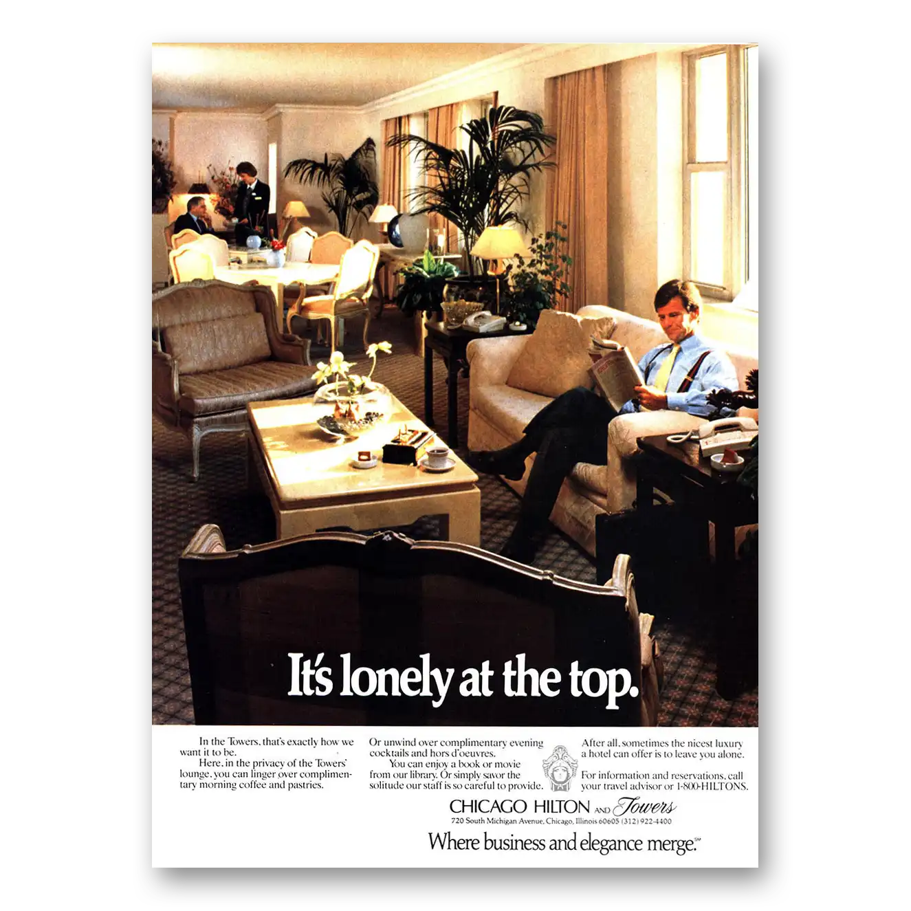 1987 Chicago Hilton Lonely At the Top Vintage Magazine Print Ad