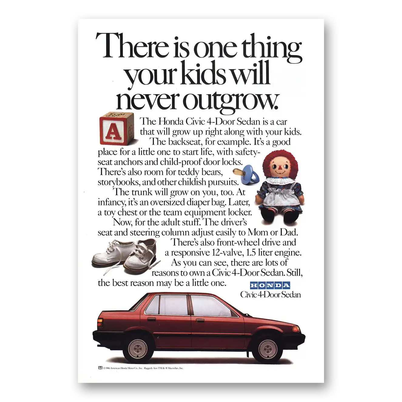 1987 Honda Civic Your Kids Will Never Outgrow Vintage Magazine Print Ad