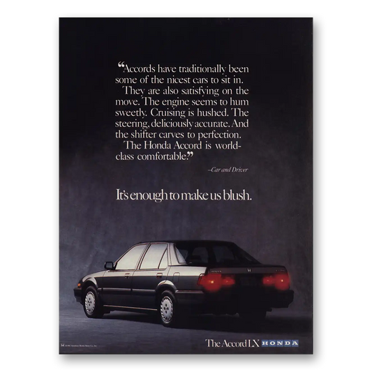 1987 Honda Accord LX Enough To Make Us Blush Vintage Magazine Print Ad