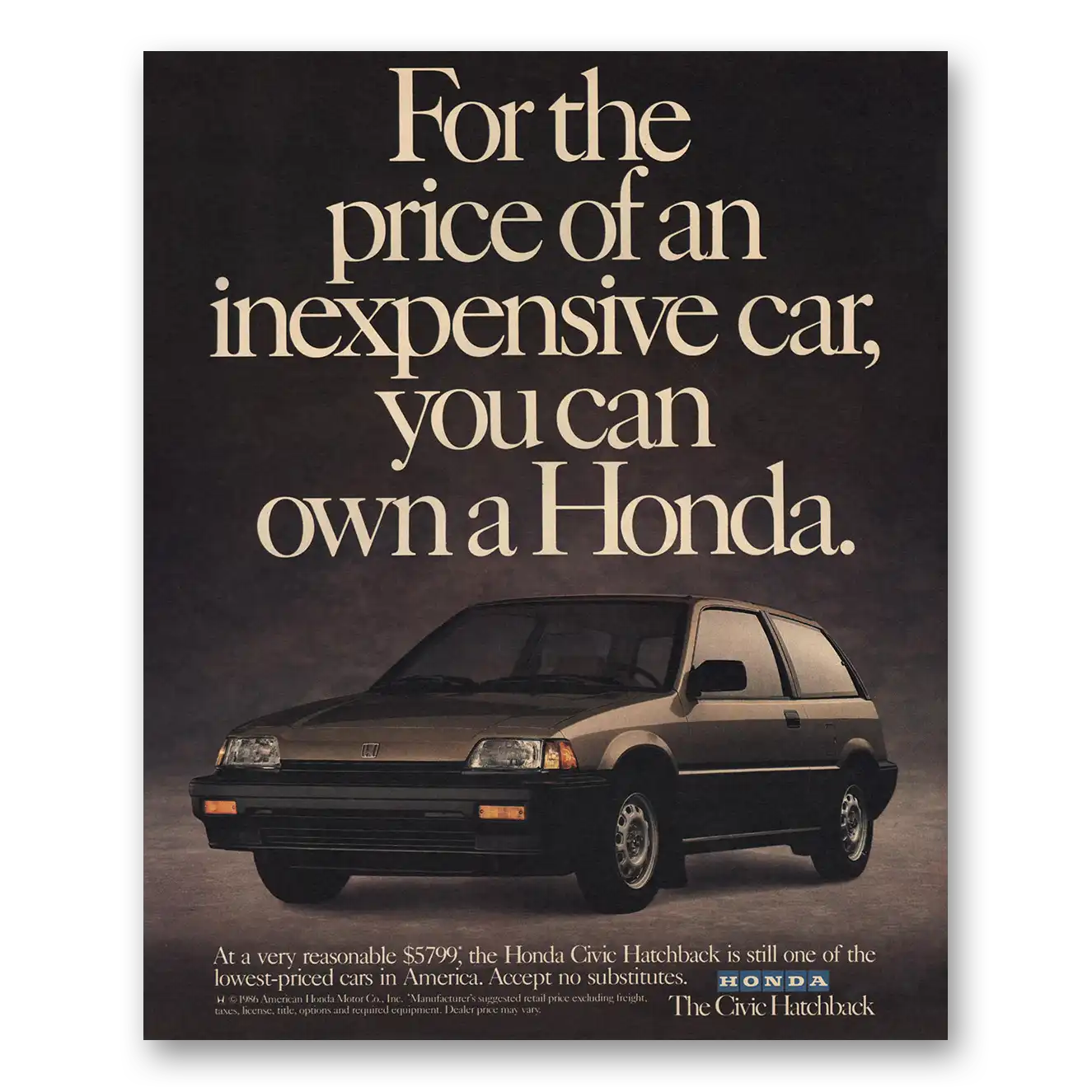 1987 Honda Civic Price of Inexpensive Car Vintage Magazine Print Ad