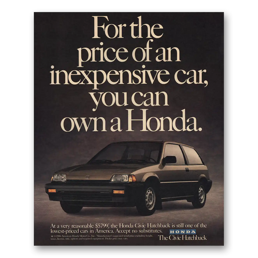 1987 Honda Civic Price of Inexpensive Car Vintage Magazine Print Ad