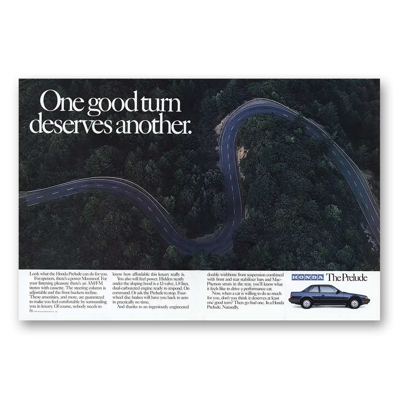 1987 Honda Prelude One Good Turn Deserves Another Vintage Magazine Print Ad