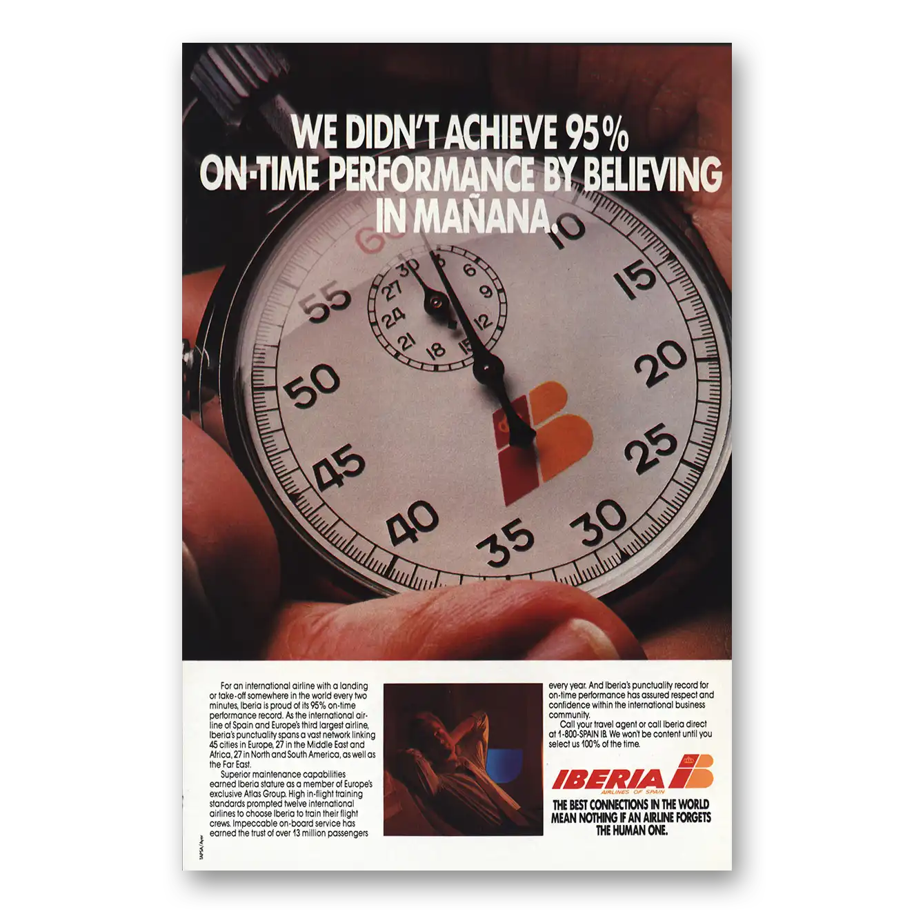 1987 Iberia Airlines Performance by Believing In Manana Vintage Magazine Print Ad