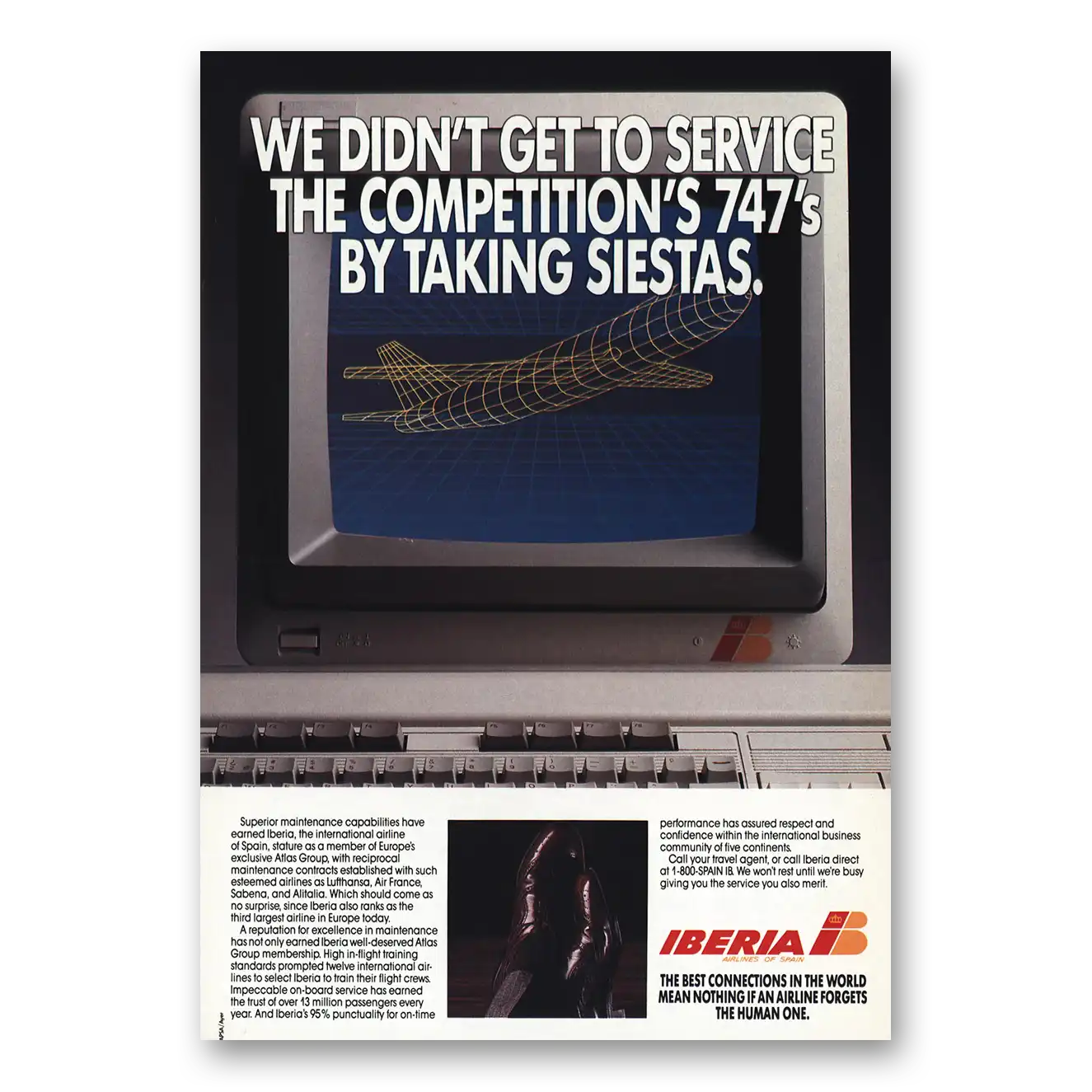 1987 Iberia Airlines Service Competitions 747s Taking Siestas Vintage Magazine Print Ad