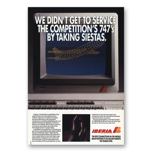 1987 Iberia Airlines Service Competitions 747s Taking Siestas Vintage Magazine Print Ad