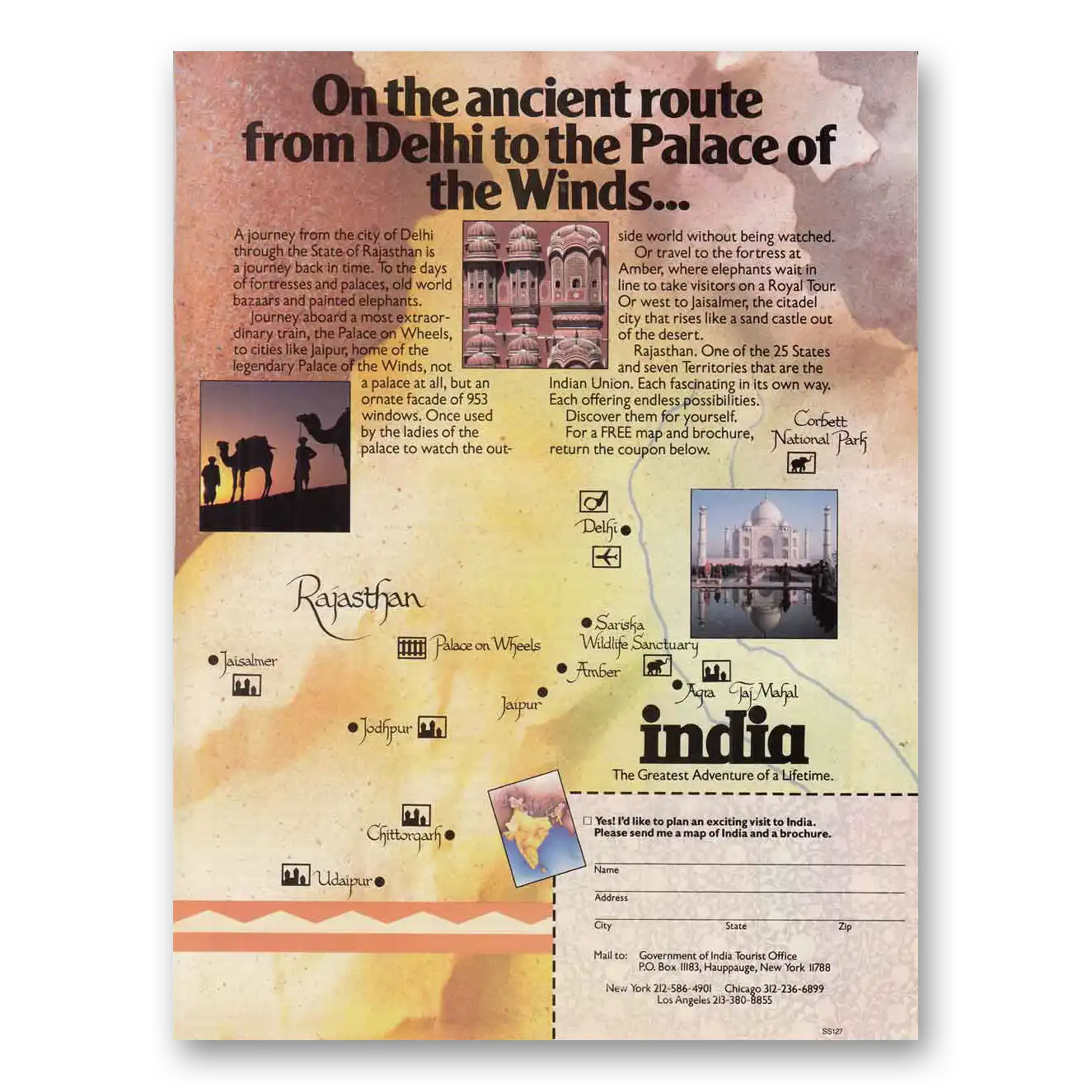 1987 India Ancient Route Delhi Palace of Winds Vintage Magazine Print Ad