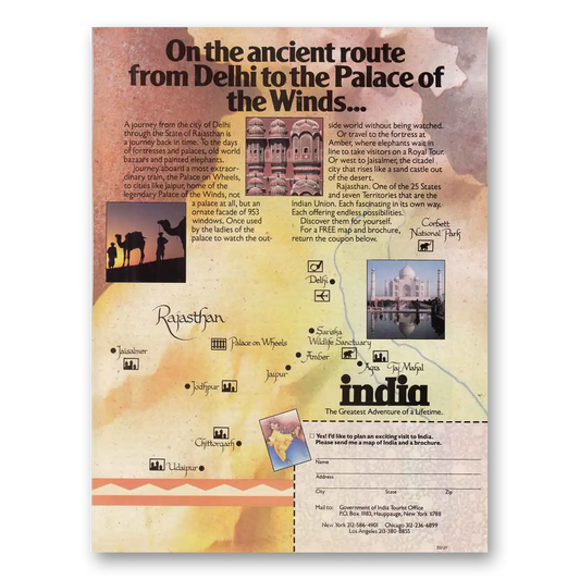 1987 India Ancient Route Delhi Palace of Winds Vintage Magazine Print Ad