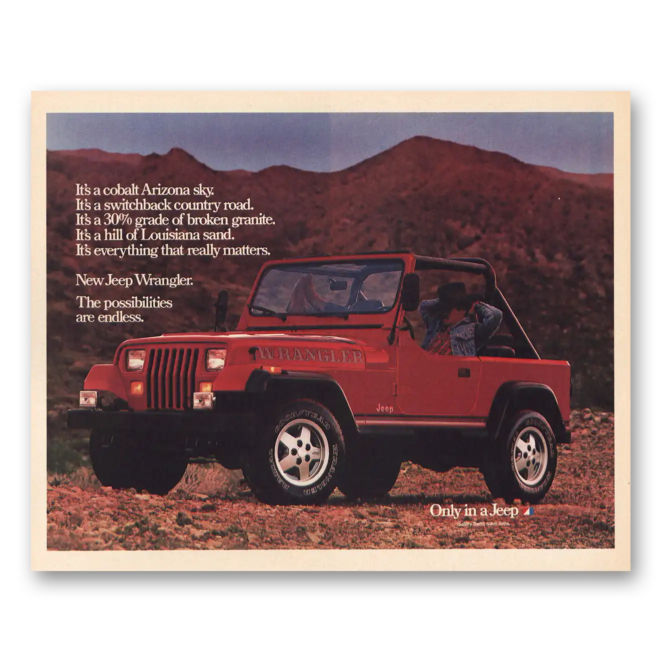 1986 Jeep Wrangler Cobalt Sky Vintage Magazine Print Ad