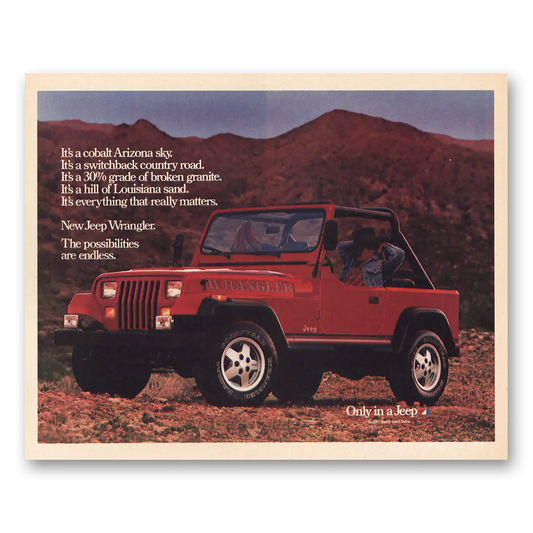 1986 Jeep Wrangler Cobalt Sky Vintage Magazine Print Ad