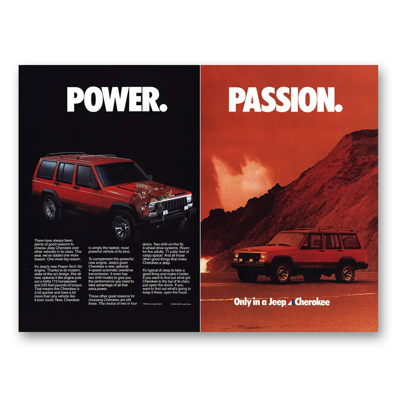 1986 Jeep Cherokee Power Passion Vintage Magazine Print Ad