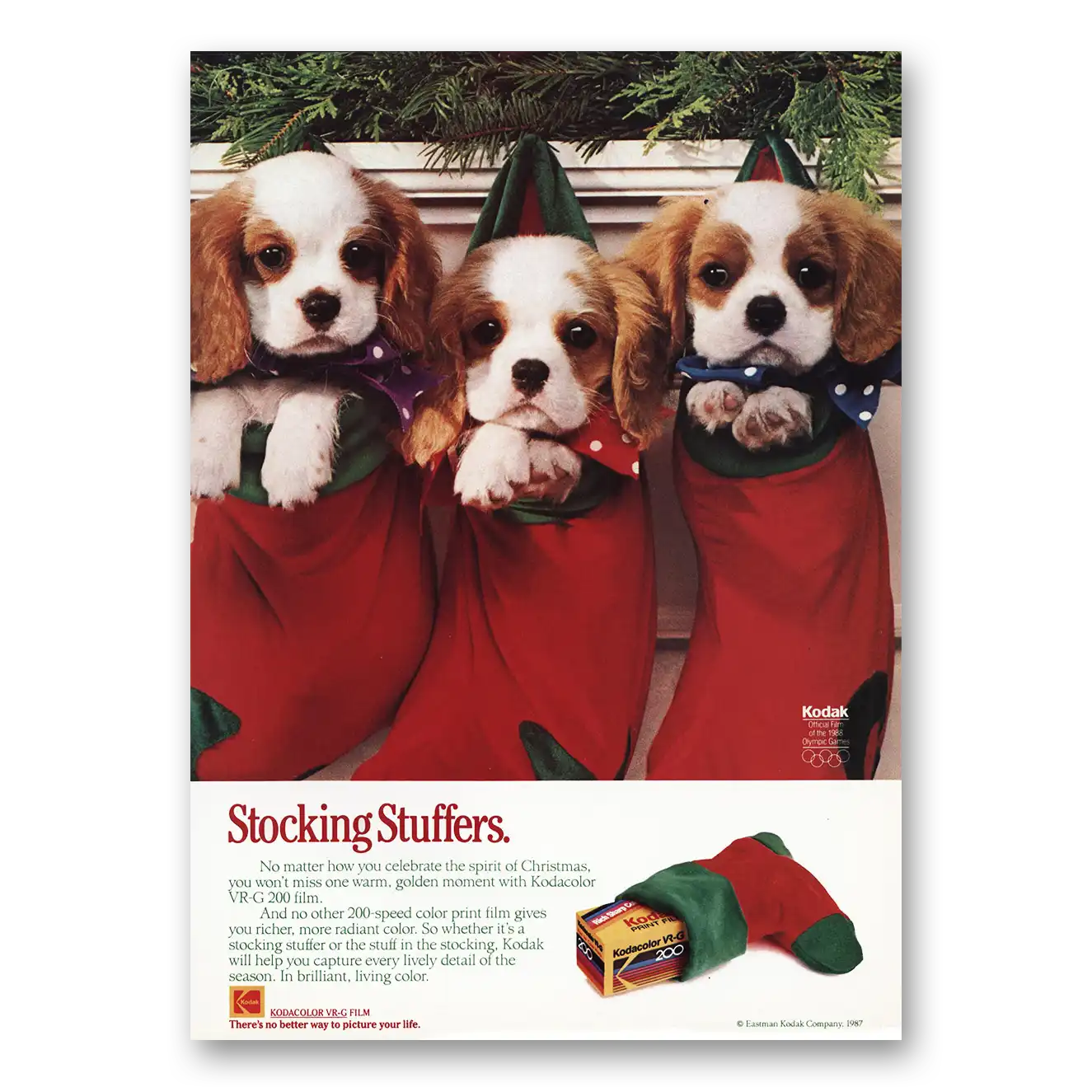 1987 Kodak Film Stocking Stuffers Puppies Vintage Magazine Print Ad