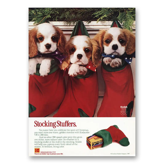 1987 Kodak Film Stocking Stuffers Puppies Vintage Magazine Print Ad