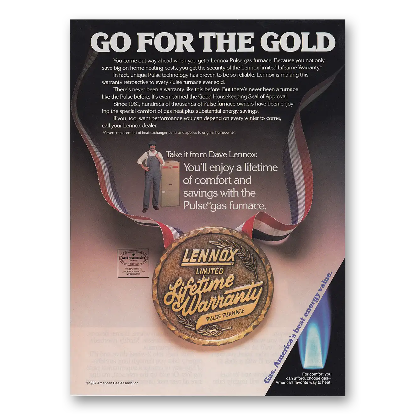 1987 Lennox Lifetime Warranty Go for the Gold Vintage Magazine Print Ad