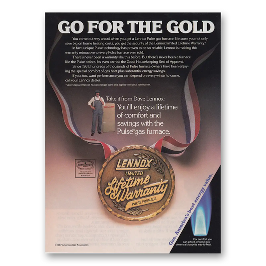 1987 Lennox Lifetime Warranty Go for the Gold Vintage Magazine Print Ad