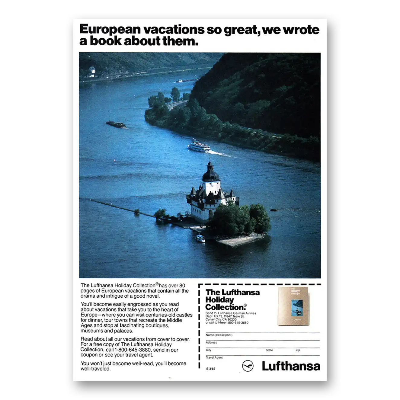 1987 Lufthansa German Airlines European Vacations Vintage Magazine Print Ad