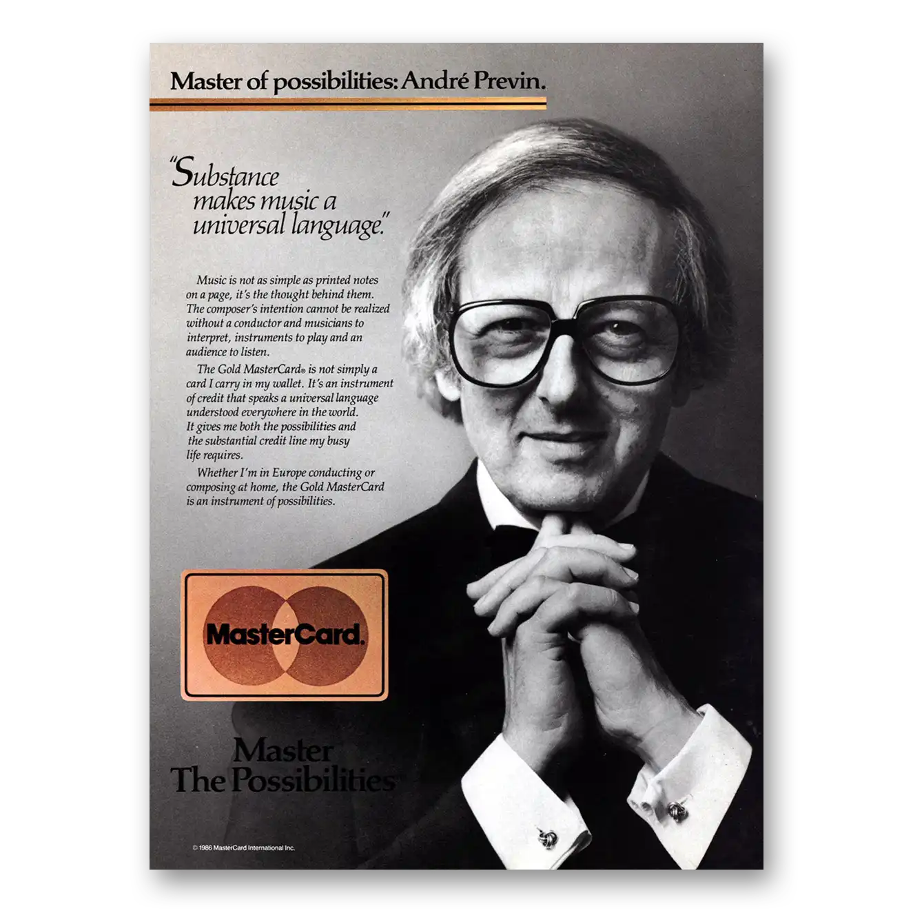 1987 MasterCard Andre Previn Vintage Magazine Print Ad