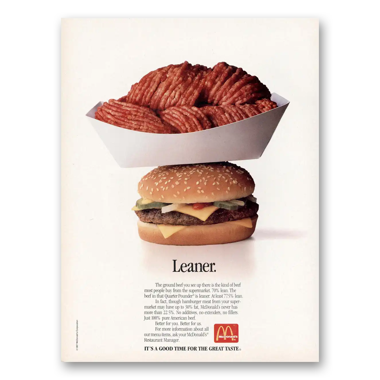 1987 McDonalds Leaner Vintage Magazine Print Ad