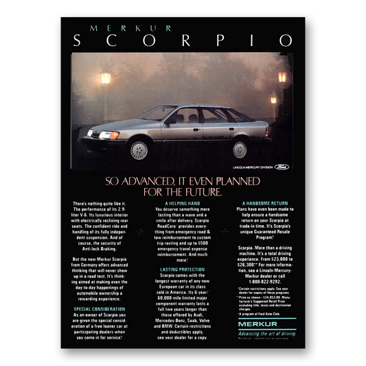 1987 Merkur Scorpio Even Planned for the Future Vintage Magazine Print Ad