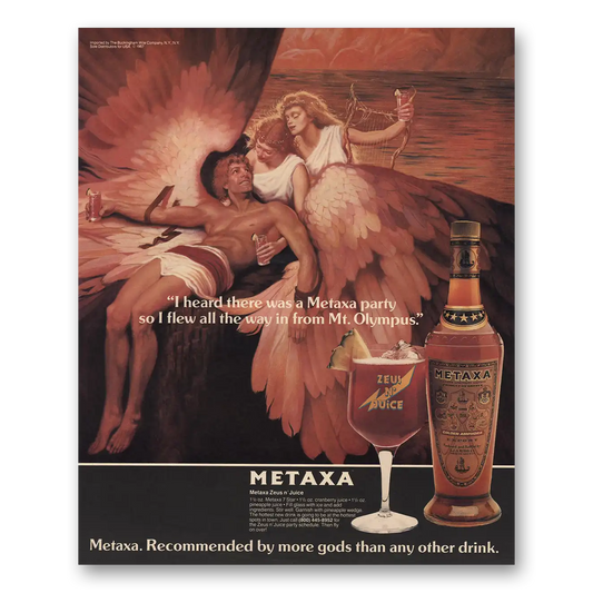 1987 Metaxa Recommended By More Gods Vintage Magazine Print Ad