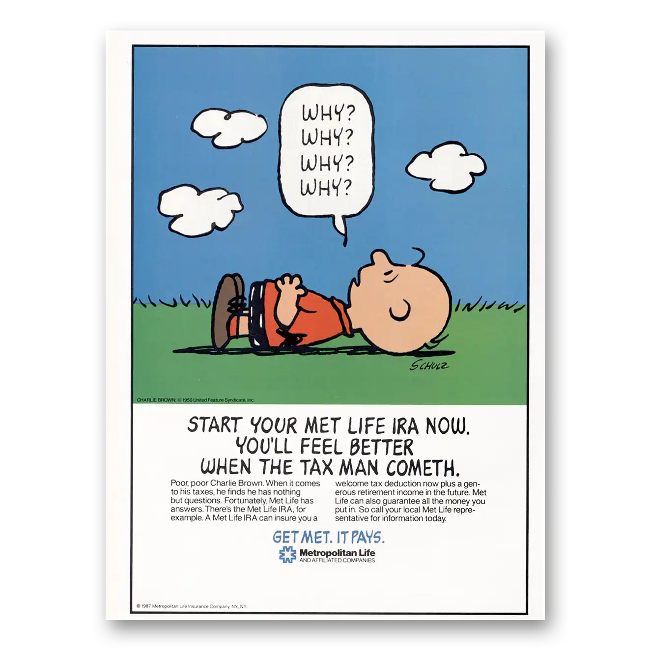 1987 Metropolitan Life Insurance Charlie Brown Why Vintage Magazine Print Ad