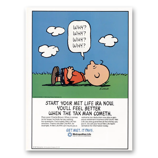 1987 Metropolitan Life Insurance Charlie Brown Why Vintage Magazine Print Ad