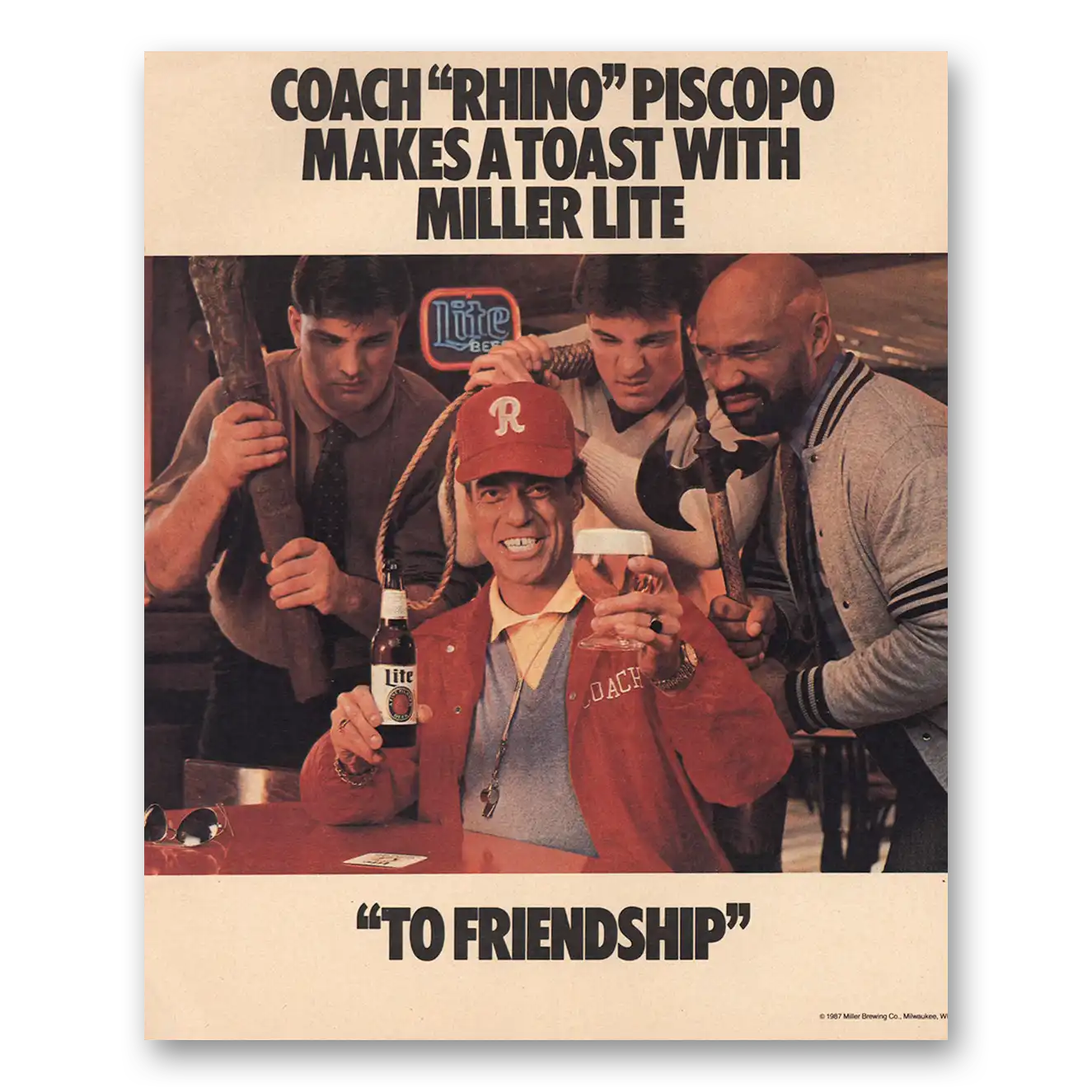 1987 Miller Lite Beer Coach Rhino Piscopo Makes a Toast Vintage Magazine Print Ad