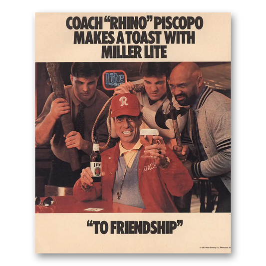 1987 Miller Lite Beer Coach Rhino Piscopo Makes a Toast Vintage Magazine Print Ad