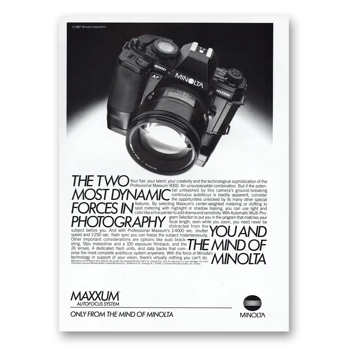 1987 Minolta Maxxum Camera Two Most Dynamic Forces Vintage Magazine Print Ad