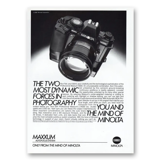 1987 Minolta Maxxum Camera Two Most Dynamic Forces Vintage Magazine Print Ad