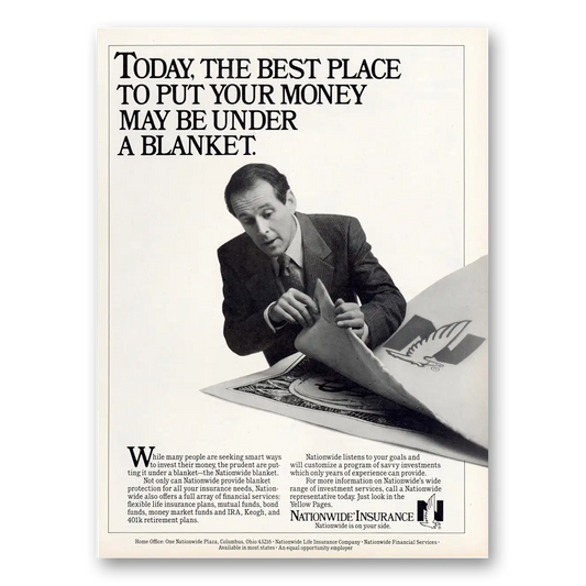 1987 Nationwide Insurance Money May Be Under a Blanket Vintage Magazine Print Ad