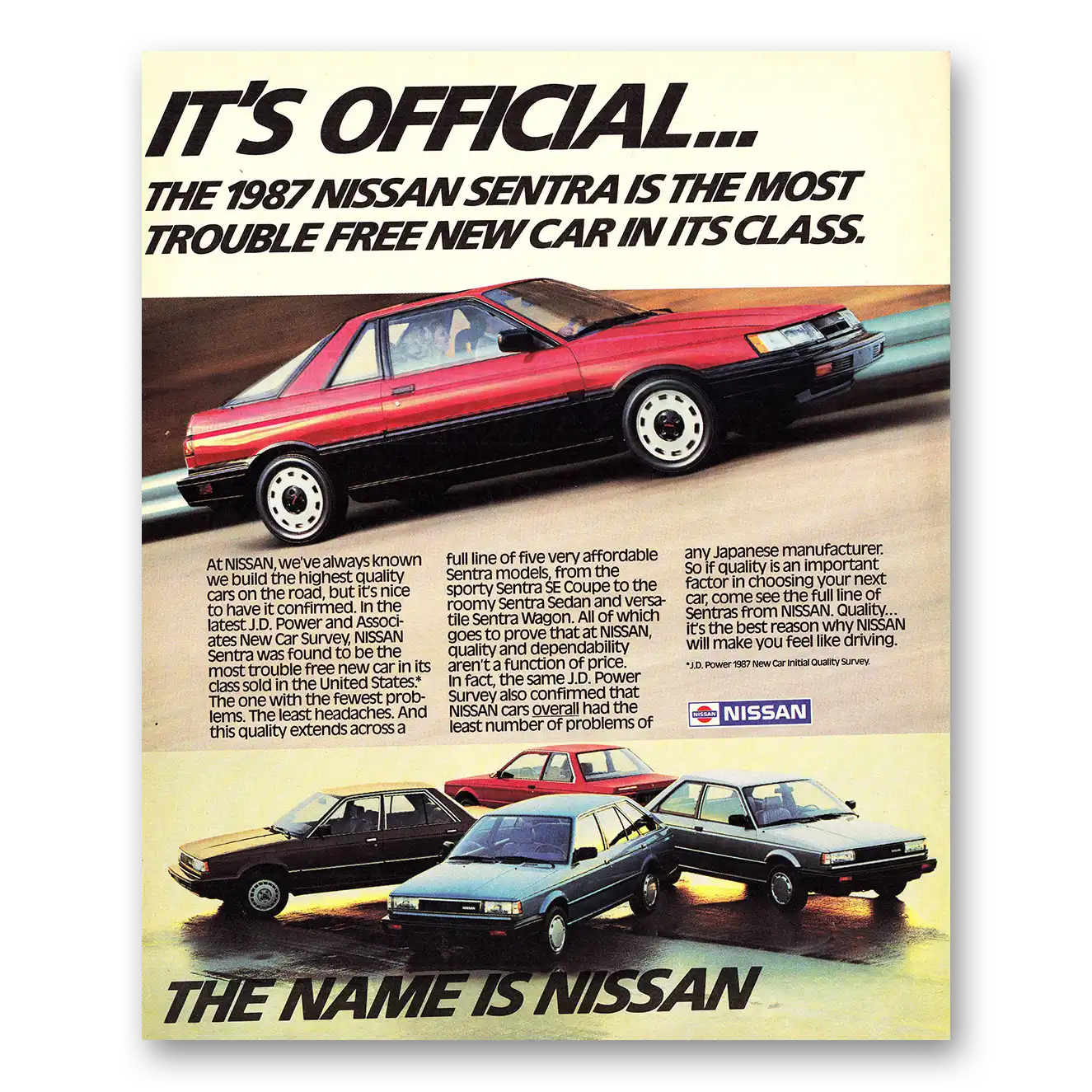 1987 Nissan Sentra Trouble Free New Car Vintage Magazine Print Ad