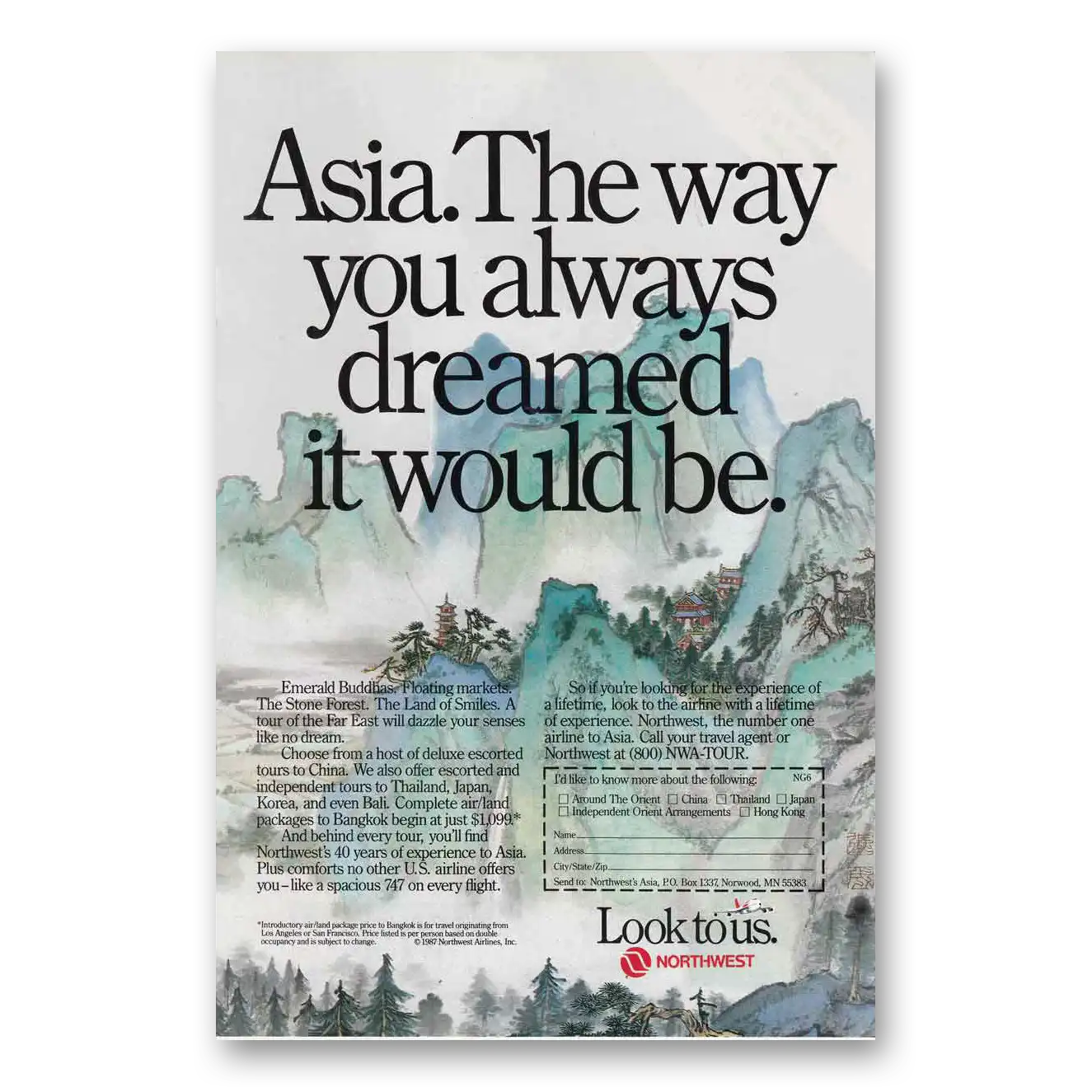 1987 Northwest Airlines Asia The Way You Always Dreamed Vintage Magazine Print Ad